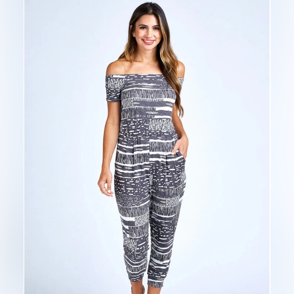 Grey & White Off-Shoulder Jumpsuit, Made in Hawaii - Picture 2 of 10
